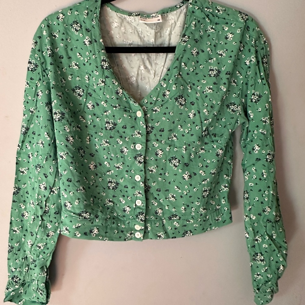 Green Floral Button-Up Women's Top
